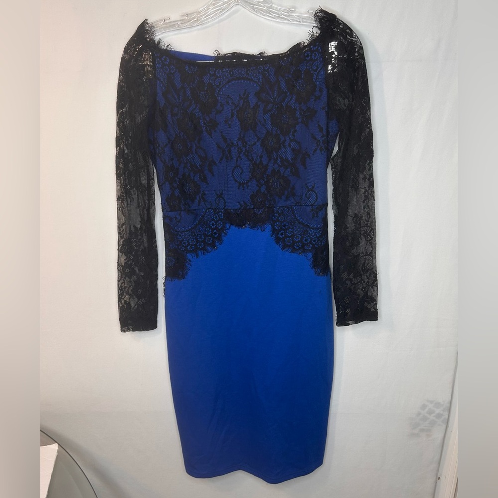 Nice-forever Women’s Royal Blue sheath Dress with Black Lace Long Sleeve Size M